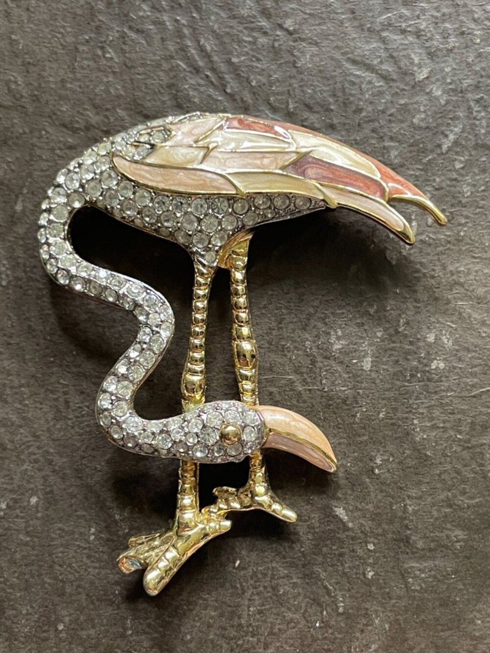 Vintage Gold Tone Pink Enamel Clear Rhinestone Flamingo Brooch